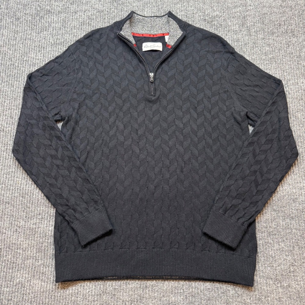 Robert Graham Wool Blend Black Cable Knit Quarter Zip Sweater Medium Luxe